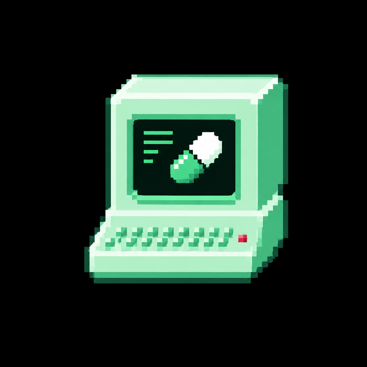 Mint-green pixel-art retro computer with a green and white Pump.fun capsule on its screen